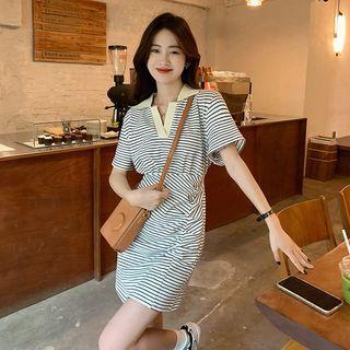 Short-sleeve Striped Collared Dress Stripes - Black & White - One Size