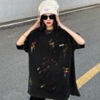 Elbow-sleeve Printed Applique T-shirt