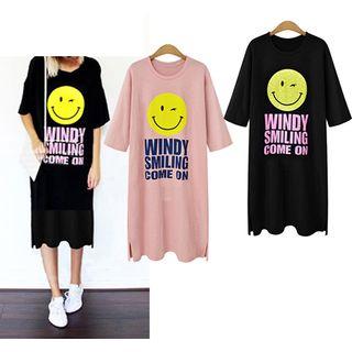 Smiley Face Print Elbow Sleeve T-shirt Dress