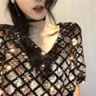 Check Sequined V-neck Loose-fit Short-sleeve T-shirt