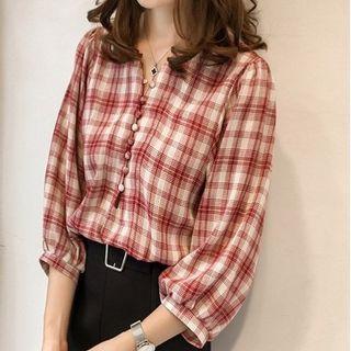 Lantern-sleeve Plaid Button-up Loose Fit Top