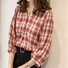 Lantern-sleeve Plaid Button-up Loose Fit Top