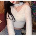 Long-sleeve Cut-out V-neck Cropped Knit Sweater