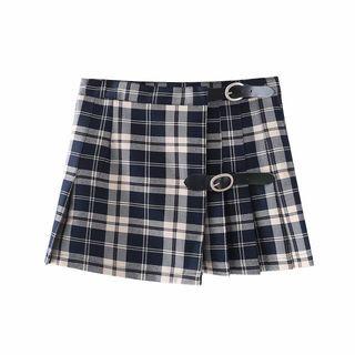 Plaid Pleated Skirt Dark Blue - One Size