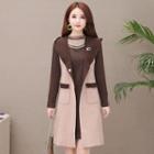 Set: Long-sleeve Mesh Paneled Mini Dress + Sleeveless Hooded Buttoned Jacket