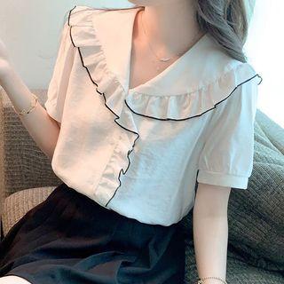 Short-sleeve Ruffled Contrast Trim Chiffon Blouse