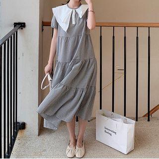 Short Sleeve Asymmetrical Collar Gingham A-line Dress