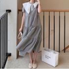 Short Sleeve Asymmetrical Collar Gingham A-line Dress