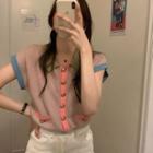 Short-sleeve Contrast Trim Knit Top As Shown In Figure - One Size