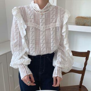 Ruffle Trim Open Knit Long-sleeve Plain Blouse
