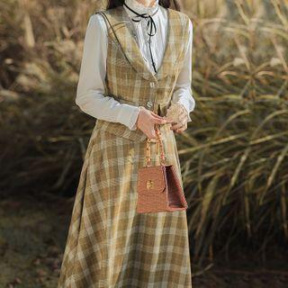 Set: Long-sleeve Shirt + Plaid Vest + Midi A-line Skirt