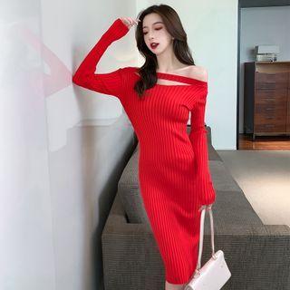 Off-shoulder Ribbed Knit Midi Sheath Dress