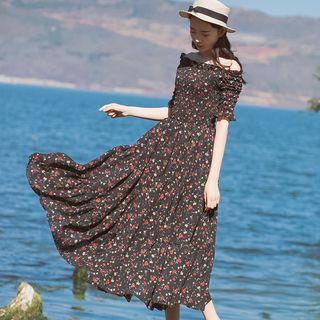 Short-sleeve Off Shoulder Floral A-line Midi Dress