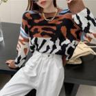 Crewneck Printed Leopard Long-sleeve Sweater As Shown In Figure - One Size