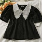 Puff-sleeve Embroidered Plain Shirt Black - One Size