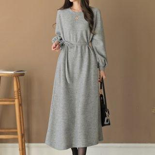 Bishop-sleeve Napped Midi Dress With Sash