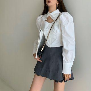 Puff-sleeve Cutout Blouse / Lace A-line Skirt