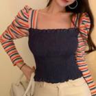 Long-sleeve Shirred Striped Crop Top Orange & Blue & Dark Blue - One Size