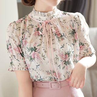 Beribboned Frill-trim Floral Top