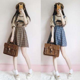 Set: Elbow-sleeve Printed Top + Plaid Mini Jumper Skirt