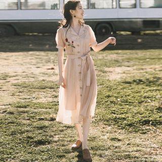 Puff-sleeve Open-collar Floral Embroidered Midi A-line Shirtdress