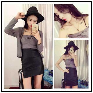 Set: Twisted Tube Top + Cardigan + Faux Leather Pencil Skirt