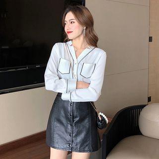 Plain V-neck Long-sleeve Chiffon Shirt