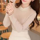 Lace-collar Faux-pearl Trim Knit Top