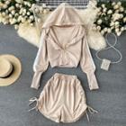 Set Of 2 : Hooded Color Panel Zip Jacket + High-waist Drawstring Wide-leg Shorts