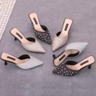 Rhinestone Pointed Toe Kitten-heel Mules