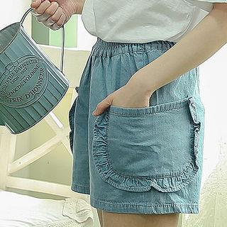 Frilled Dual-pocket Denim Shorts