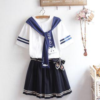 Cat Printed Short-sleeve Top / Pleated Skirt / Set