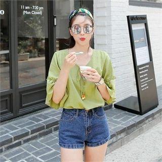 Tassel-neck Frill-sleeve Linen Blend Top