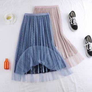 Mesh Overlay Pleated Patterned Velvet A-line Midi Skirt