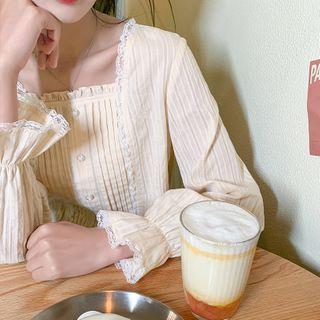 Square-neck Lace-trim Pleated Blouse