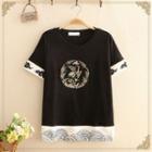 Color-block Crane Embroidered Short-sleeve Tee