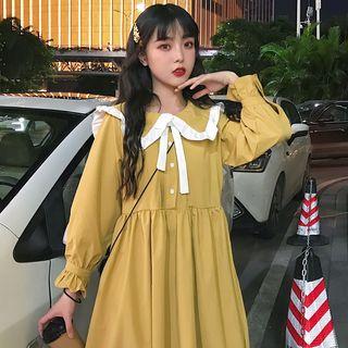 Long-sleeve Collared A-line Dress As Shown In Figure - One Size