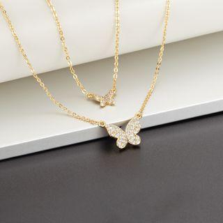 Rhinestone Butterfly Layered Necklace Gold - One Size