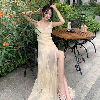 Spaghetti-strap Ruffled Slit Maxi A-line Dress