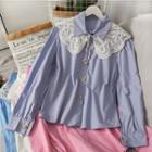 Puff-sleeve Plain Shirt With Open-knit Shawl In 5 Colors