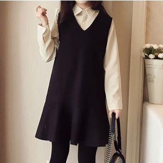 Set: Plain Shirt + V-neck A-line Pinafore Dress