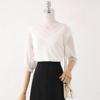 Elbow-sleeve Lace Trim Knit Blouse