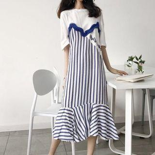 Elbow-sleeve Ruffled Striped T-shirt Dress