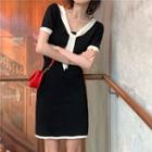 Bow-accent Color-block Short-sleeve Slim-fit Dress / Set: Color-block Top + Skirt