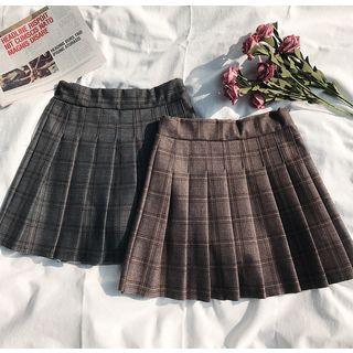 Plaid Pleated Mini Skirt Brown - One Size