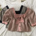 Checker Puff-sleeve Ribbon Crop Top