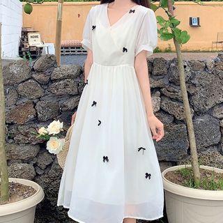 Bow Short-sleeve V-neck Midi A-line Dress White - One Size