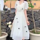 Bow Short-sleeve V-neck Midi A-line Dress White - One Size