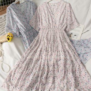 Floral Ruffled-trim V-neck Maxi Dress