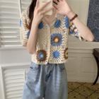 Elbow-sleeve Crochet Single-breasted Knit Top